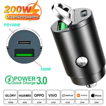 100W/200W QC3.0 PD Mini Car Charger 12-24V Lighter Fast Charging Car USB Type C Charger for Xiaomi Samsung Huawei iPhone Power