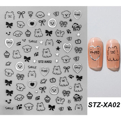 2pcs 3D Cute Silver Smile Dog Decals Y2K Cartoon Cat Footprint Nail Stickers Graffiti Star Heart Bowknot Manicure Slider Decor