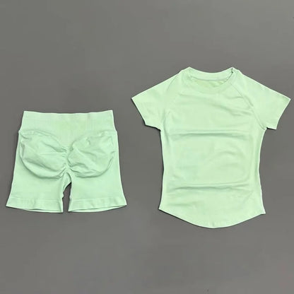 2 Pieces HISTELLO Sports Sets Short Sleeve Seamless Yoga Top Fitness Set Women Workout Running Sports Shorts Gym Suit