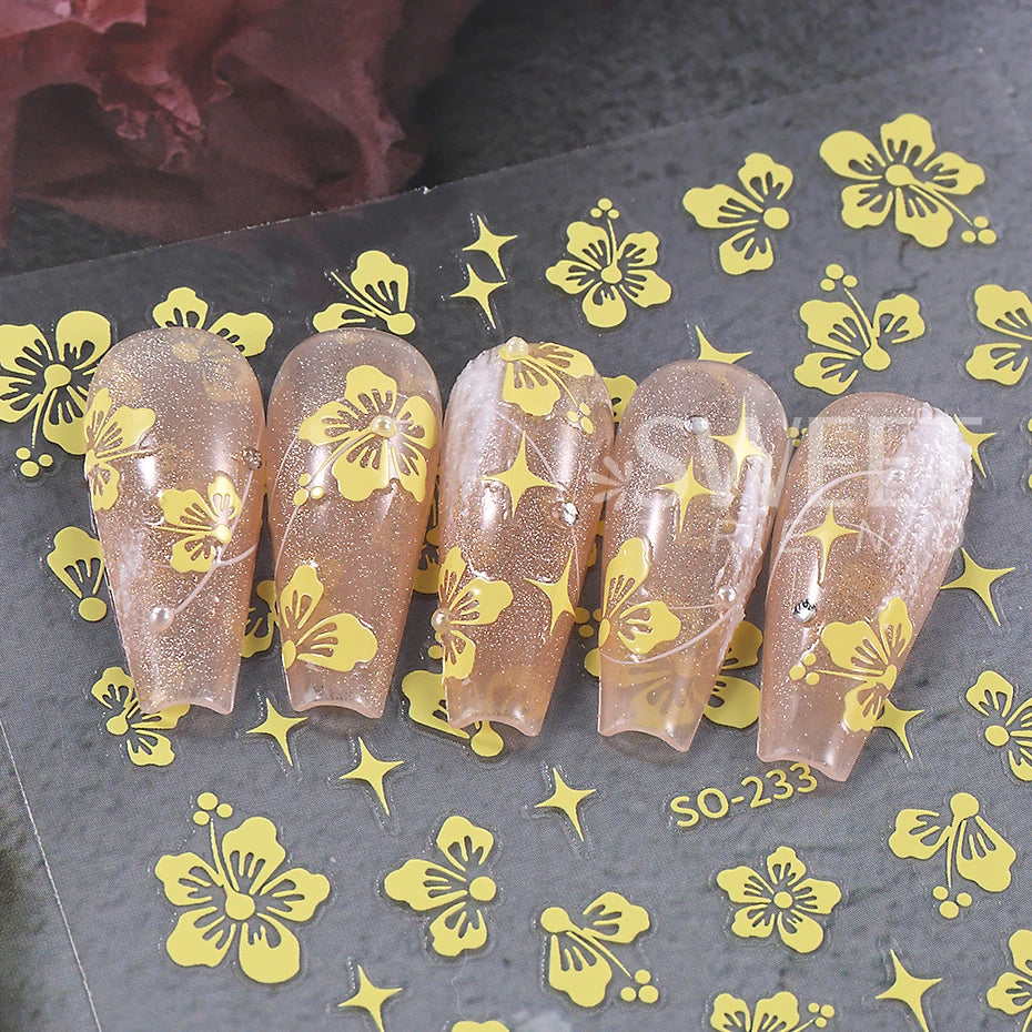 4pcs/set Hibiscus Flowers Nail Sticker Y2K Star Adhesive Nail Art Supplies Decal for Women Nail Supplies DIY Manicure Decoration