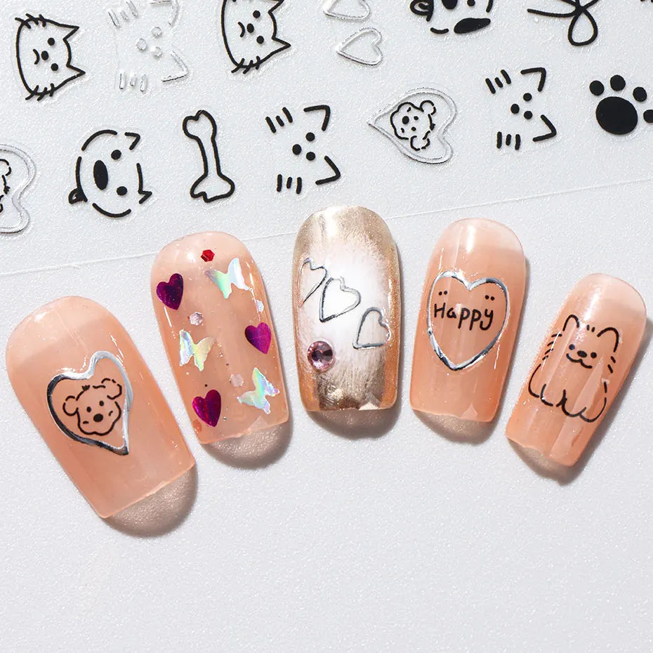 2pcs 3D Cute Silver Smile Dog Decals Y2K Cartoon Cat Footprint Nail Stickers Graffiti Star Heart Bowknot Manicure Slider Decor