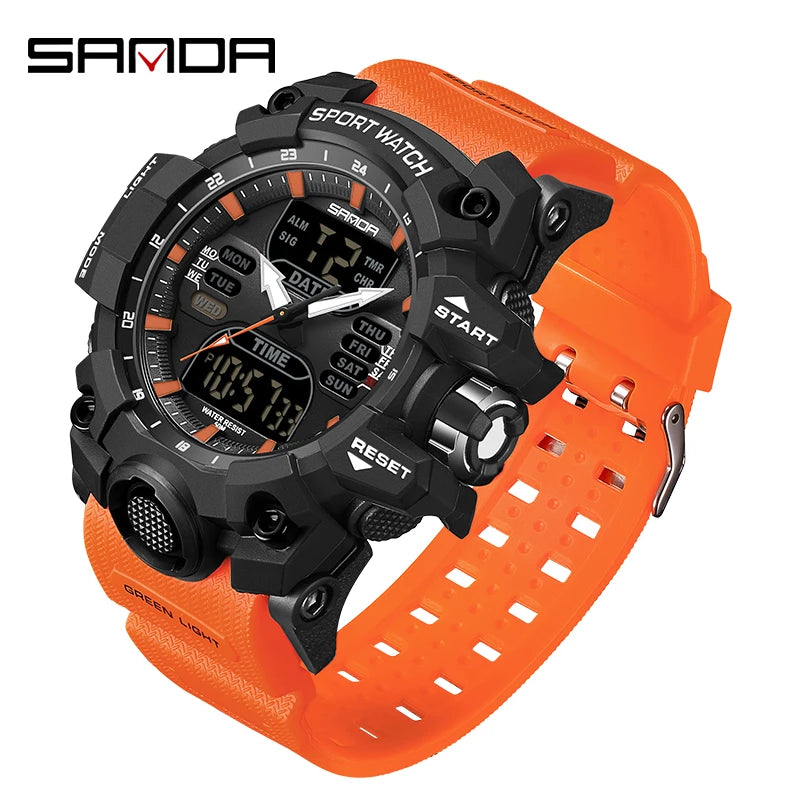 SANDA Outdoor Sports Military Mens Watch LED Digital Electron Quartz Male Wristwatch Dual Display Clock Men Relogio Masculino