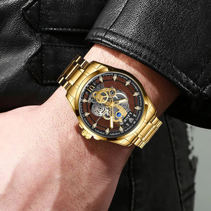 Original LIGE Men Watch Gold Stainless Steel Hollow Skeleton Quartz Watches for Men Fashion Military Waterproof Men Wristwatch