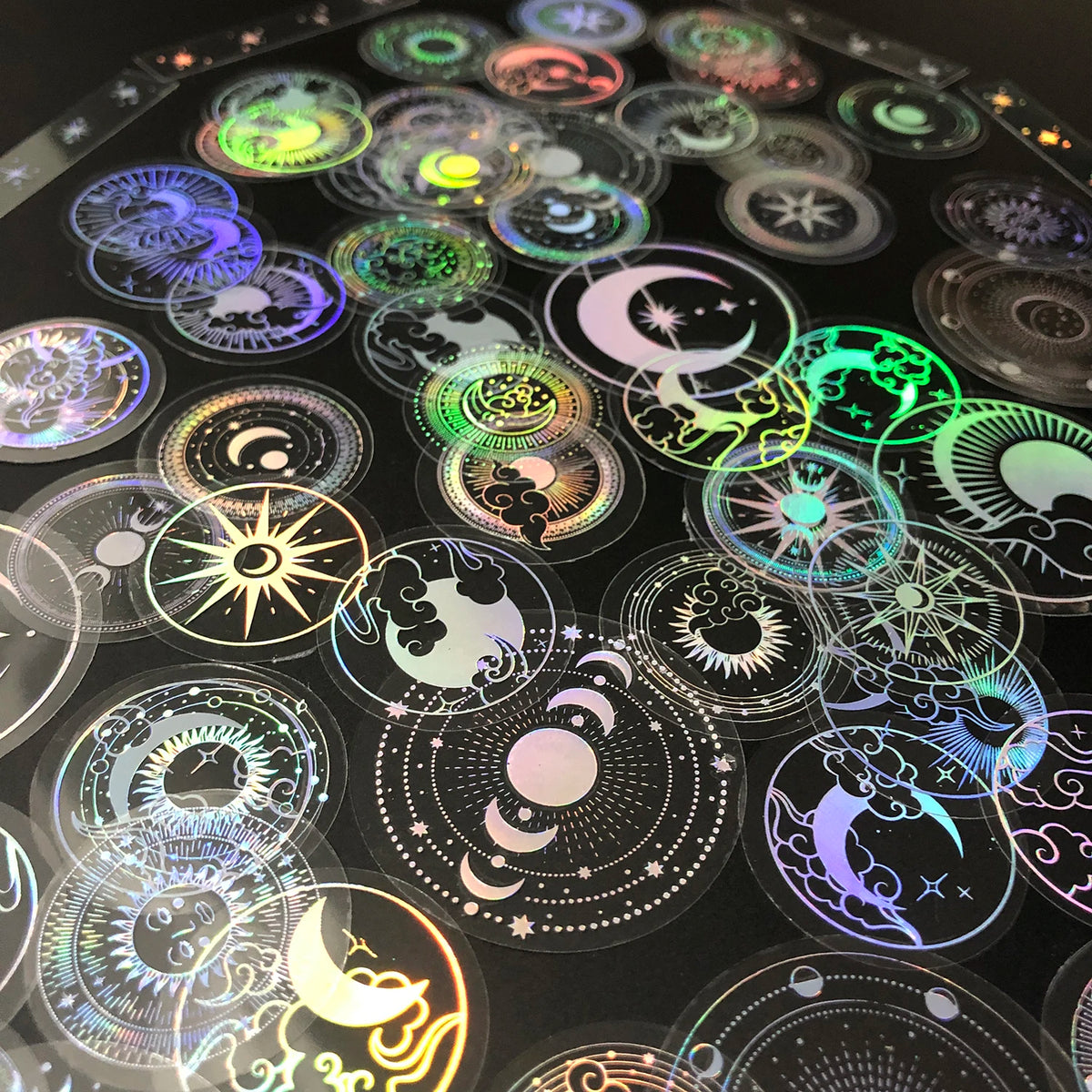 70 pcs PET Adhesive Stickers Waterproof Transparent Laser Silver Stickers Label: SUN MOON Stars Etc