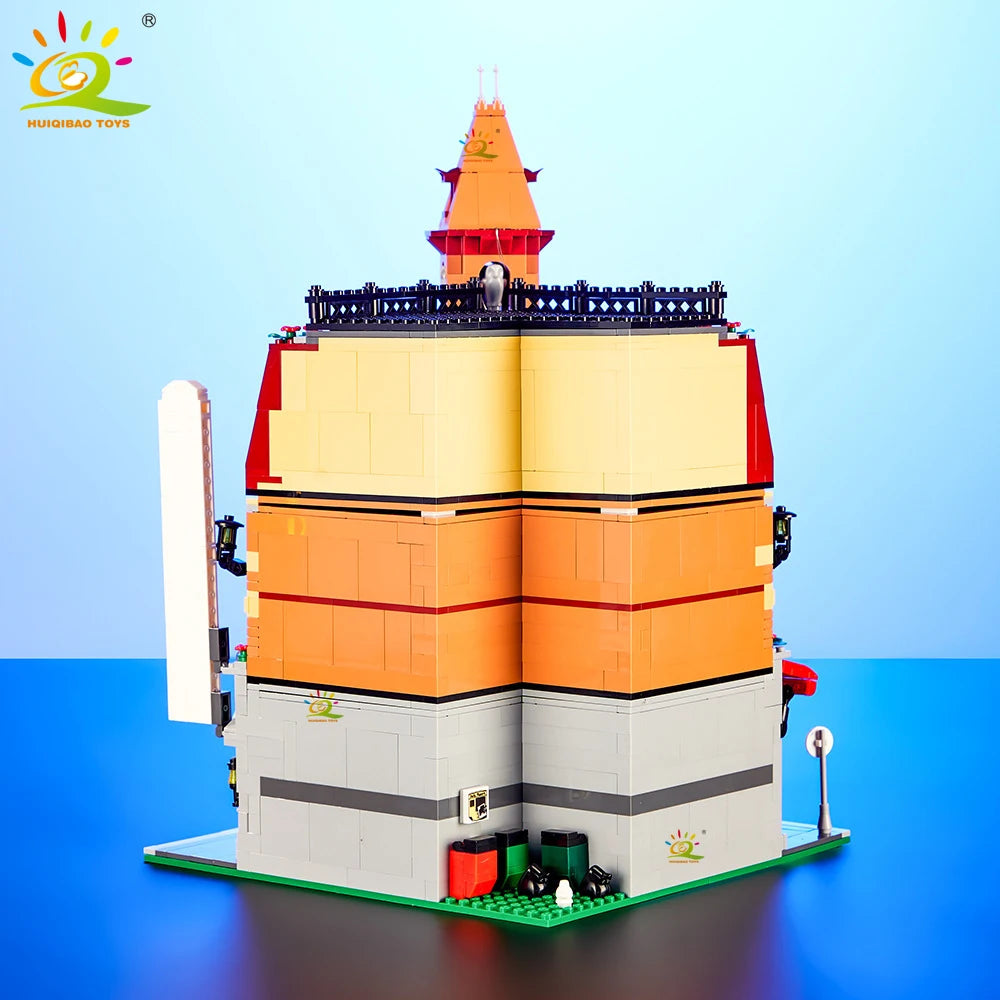 HUIQIBAO Toys MOC City Corner Coffee Shop Architecture Style Street View Micro Building Blocks for Children Construction Bricks