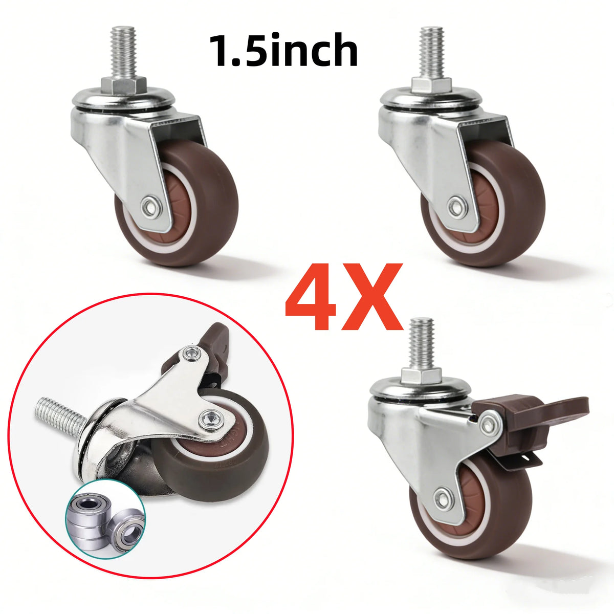 4 Pcs 1.5 Inch Universal Stem Caster Wheels TPR Screw Lever Castors Swivel Stem Wheels with M8 Thread Rods for Carts Furniture