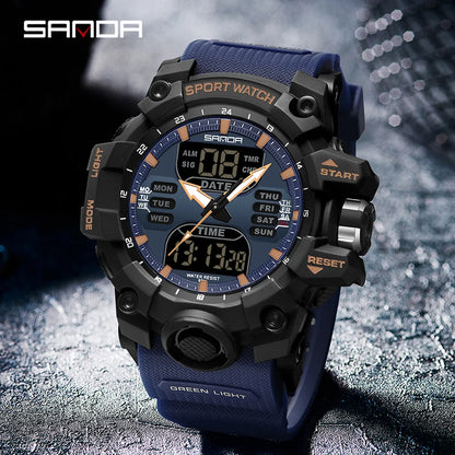 SANDA Outdoor Sports Military Mens Watch LED Digital Electron Quartz Male Wristwatch Dual Display Clock Men Relogio Masculino