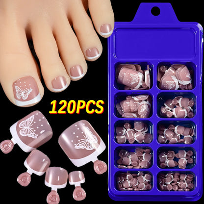 120Pcs 9-Colors French Fake Toenails Summer Short Sqaure Press On Toe Nails Tips Glossy Nude/Pink/Brown Full Cover False Toenail
