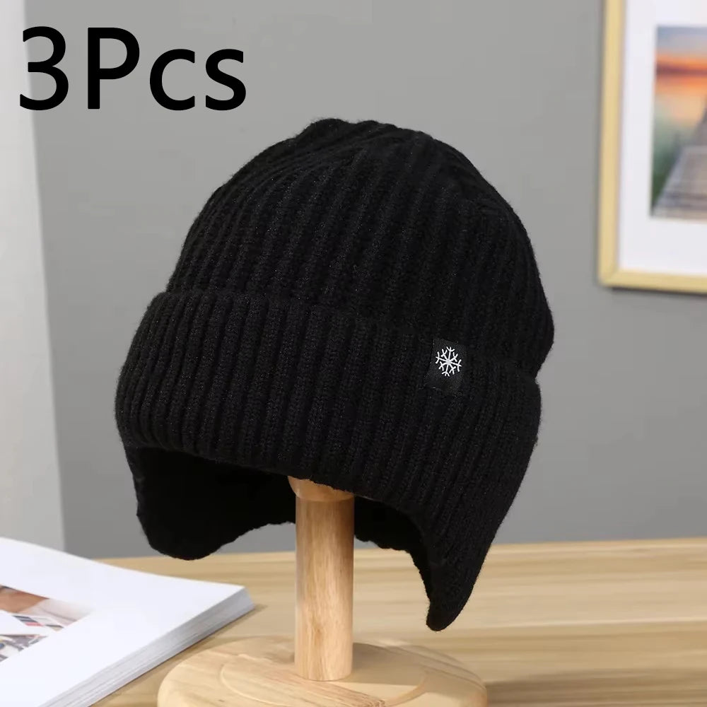 Men Winter Knitted Hat Plush Warmth Peaked Cap Outdoor Earmuff Casual Fashion Faux Fur Lined Hooded Hats Cycling Ear Protection