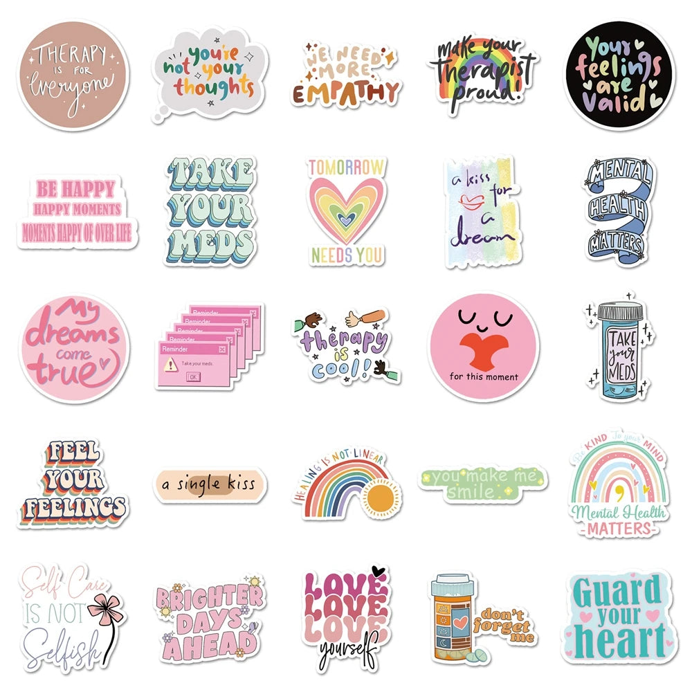50/100PCS Mental Health Motivational Phrase Theme Stickers Cartoon Graffiti Decal DIY Phone Fridge Helmet Laptop Car Stickers