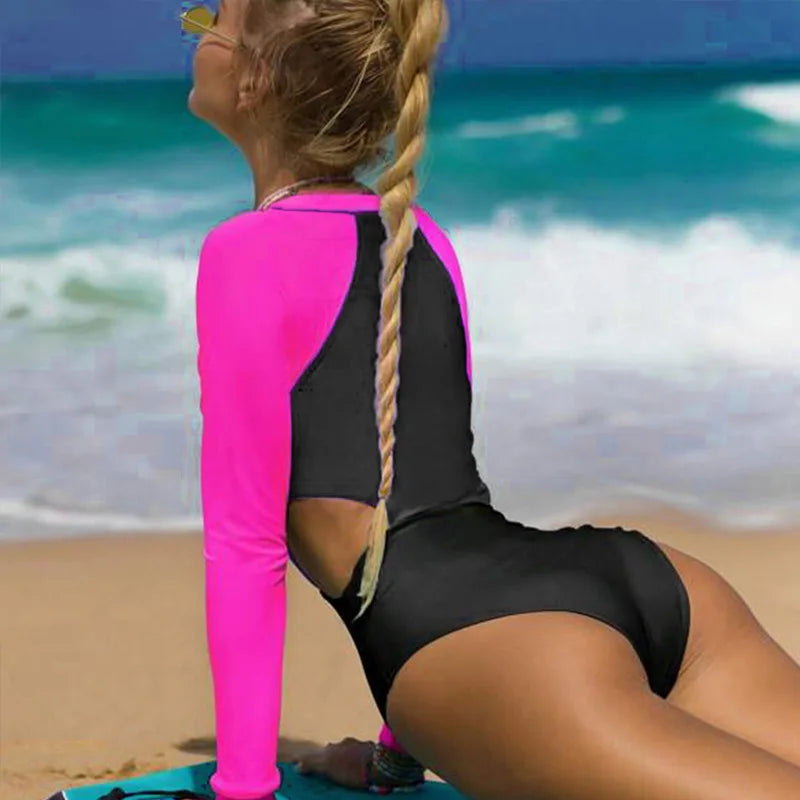 New Patchwork One-Piece Swimsuit Long Sleeve Swimwear Sports Backless Women's Swimming Bathing Suit Beach Wear Bather Surfing