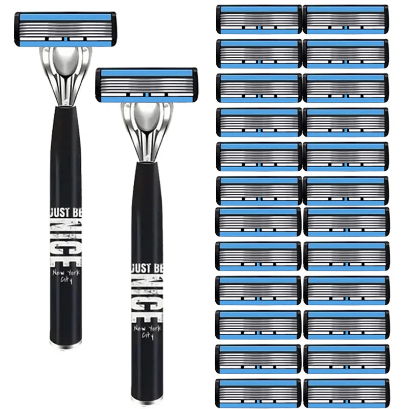Men's 6-Blade Manual Razor with Non-Slip Handle and Multiple Replacement Blades - Ideal for Trimming Beards and Mustaches