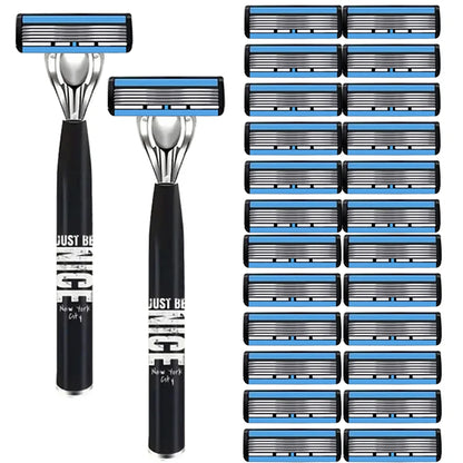 Men's 6-Blade Manual Razor with Non-Slip Handle and Multiple Replacement Blades - Ideal for Trimming Beards and Mustaches