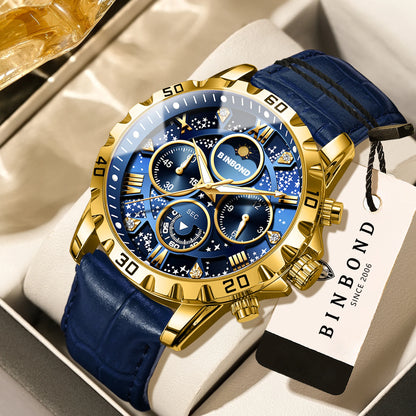 BINBOND Genuine accurate quartz wristwatches for men luxury luminous waterproof chronograph leather strap men's watch reloj