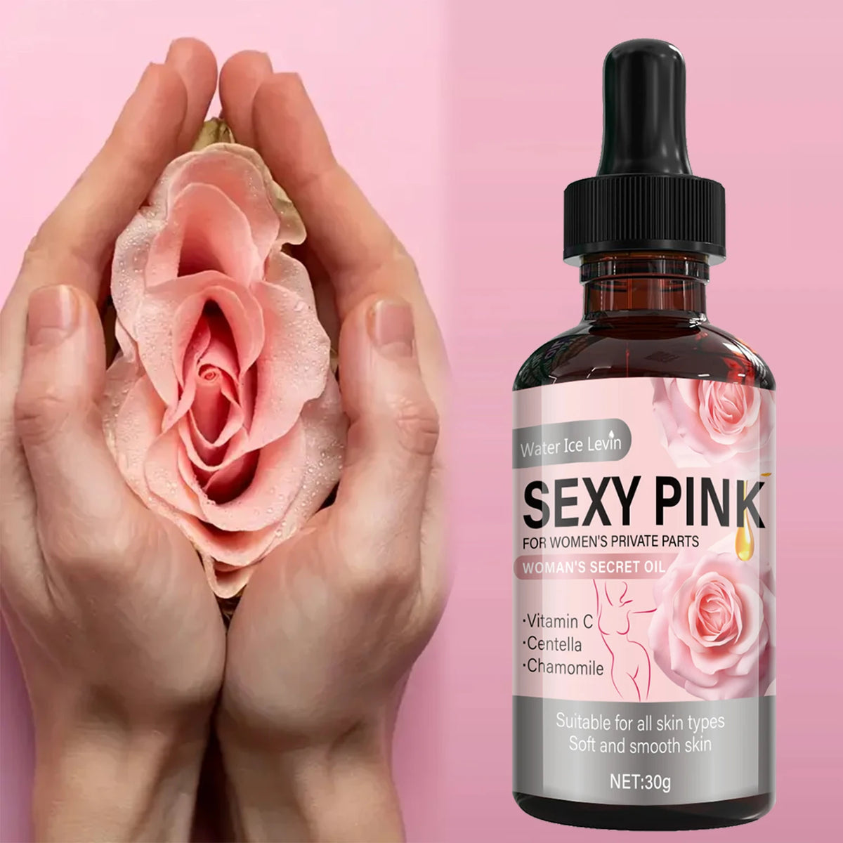 Secret Pink Intimate Oil Vitamin C & Chamomile. Softens, Smoothes, Revitalizes Skin. For Feminine Care. All Skin Types. 30g Net