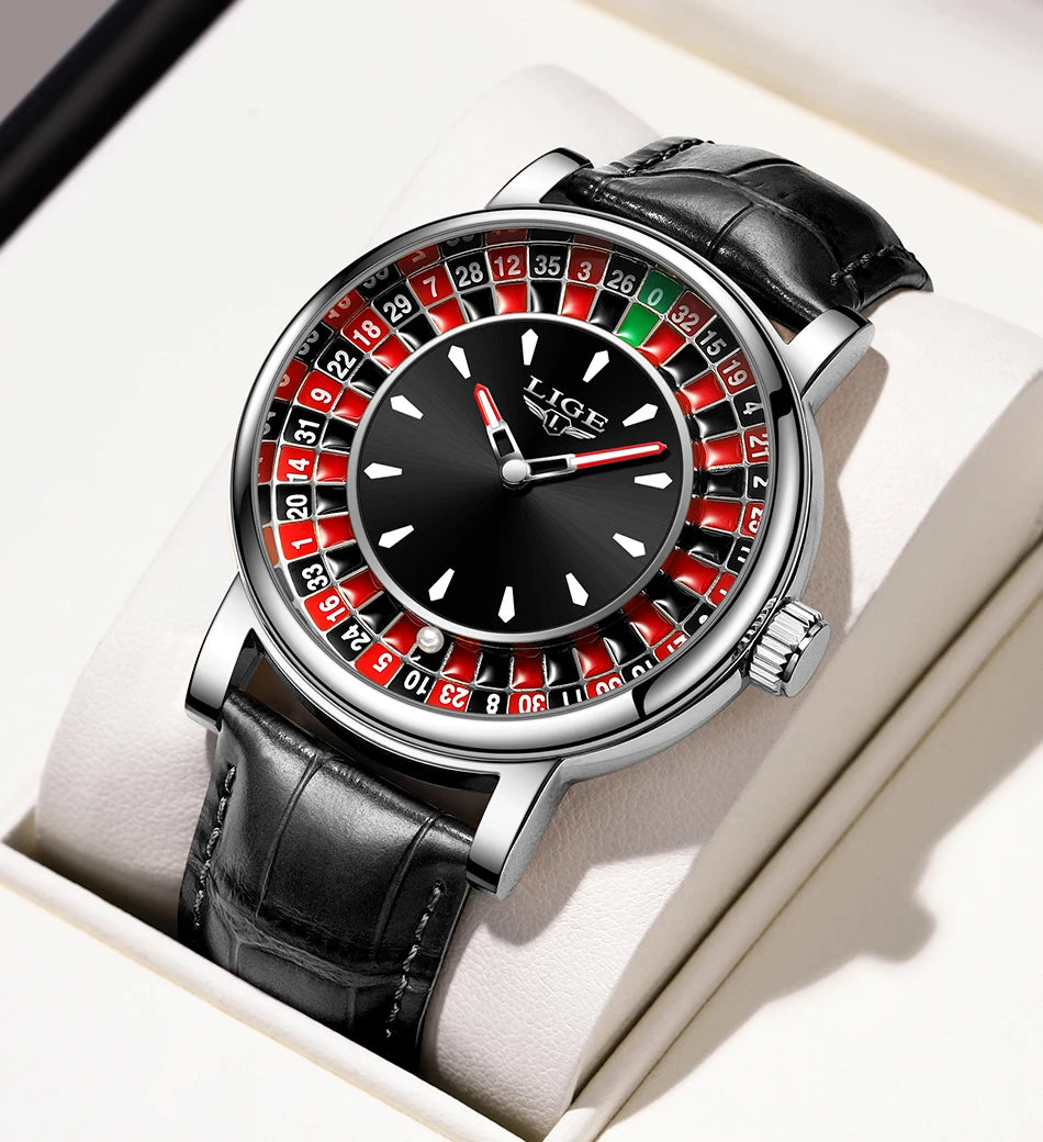 LIGE Fashion Men Watch Rotating Dial Las Vegas Roulette Desktop Theme Watch Men Waterproof Luminous Clock Watches Creative Clock