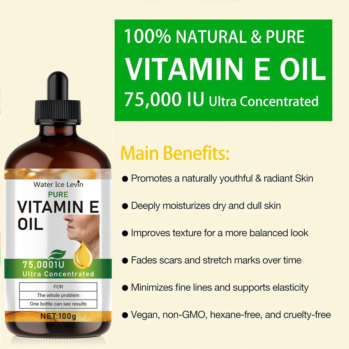 100ml Natural Vitamin E Essential Oil, Used for Massage, Skin Care, Gua Sha, Showering, Facial, Body, Nail, Hair, and Eyelash Care, Versatile