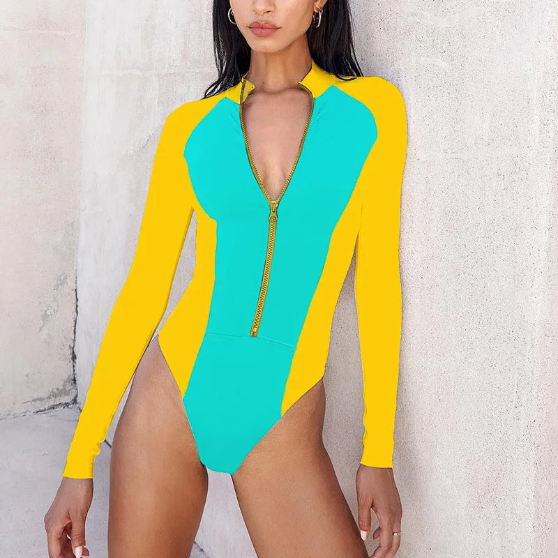 New Patchwork One-Piece Swimsuit Long Sleeve Swimwear Sports Backless Women's Swimming Bathing Suit Beach Wear Bather Surfing