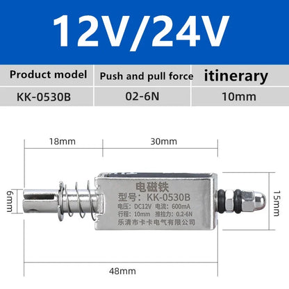 DC12V 24V Through Push Pull Small DC Electromagnet 0520B 0530B 0630B 0730B Strong Pull Switch 5N Stroke Magnet