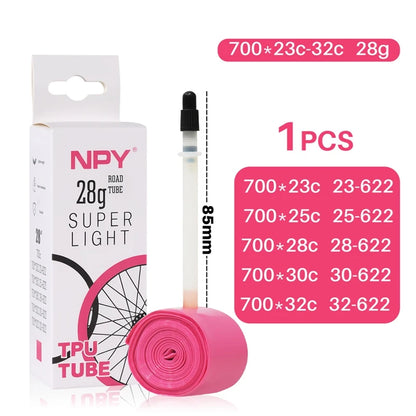 NPY Bike Inner Tube Anti Puncture 28G36G for Road Bikes 700C 23C 25C 28C 32C 35C Ultra-Light TPU Tube 45/65/85MM Presta Valves
