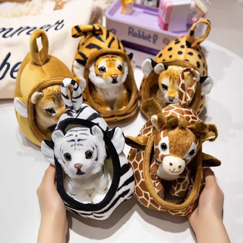 Lifelike Baby Tiger Lion Leopard Plush Toy Stuffed Soft Wild Animal Forest With Nest House Pillow Doll Baby Kids Birthday Gift