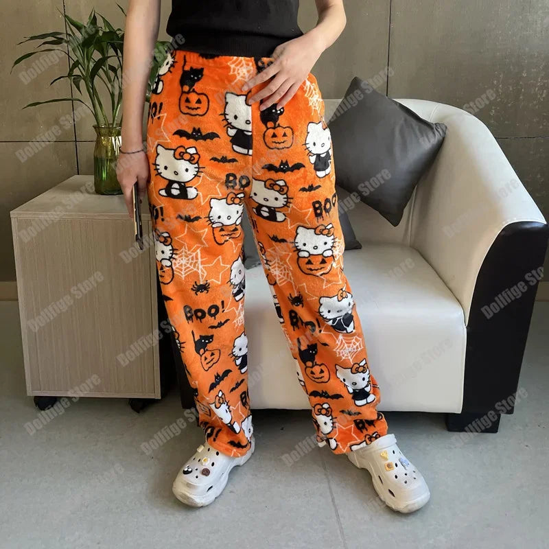 Christmas Sanrio Hello Kitty Pajamas Halloween Flannel Fashion Trouserswomen Kawaii Woolen Anime Cartoon Casual Home Pant Autumn