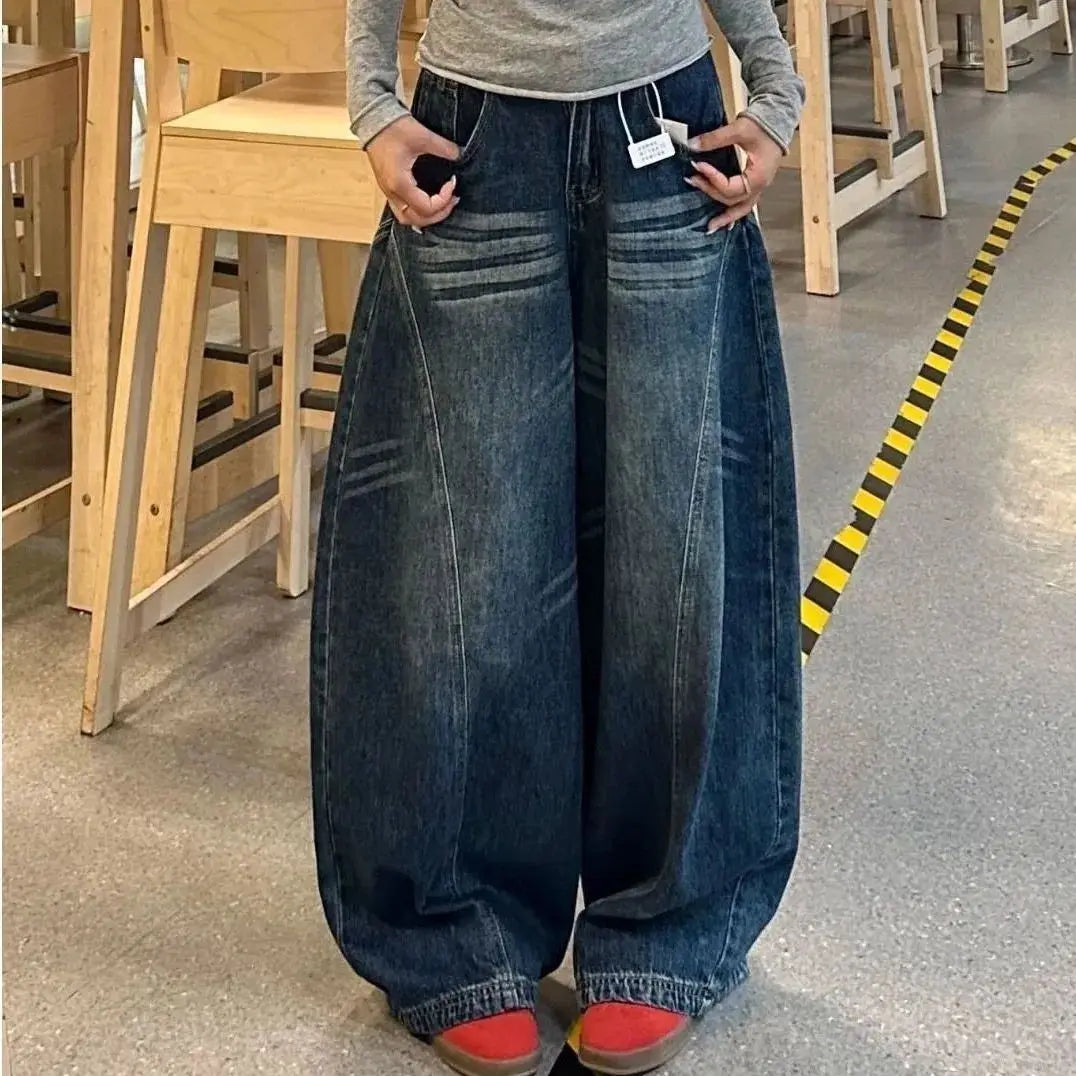 High-Waist Washed Baggy Cargo Jeans