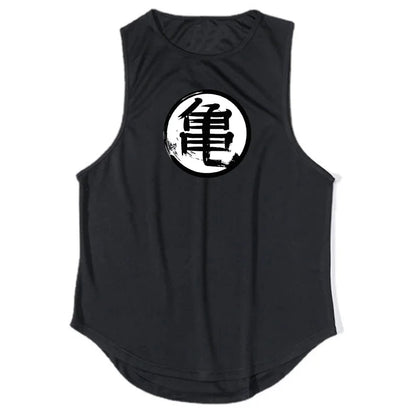 Japanese Anime Turtle Script Printed Summer Fitness Sports Tank Tops Men Gym Clothing Workout Sleeveles Shirt Loose Running Vest