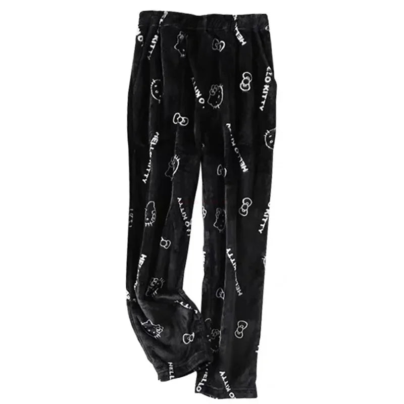 Christmas Sanrio Hello Kitty Pajamas Halloween Flannel Fashion Trouserswomen Kawaii Woolen Anime Cartoon Casual Home Pant Autumn