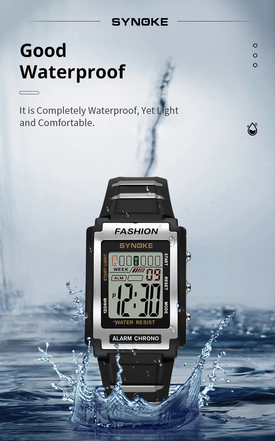SYNOKE Men Rectangular Sports Electronic Watch Waterproof 50M Night Light Large Screen Alarm Clock Trend Retro Style