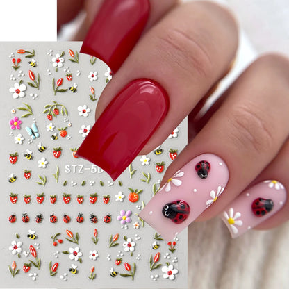 5D Embossed Kawaii Ladybug Sliders Spring White Daisy Flowers Nail Stickers DIY Simple Petals Wedding Nails Decals Accesories