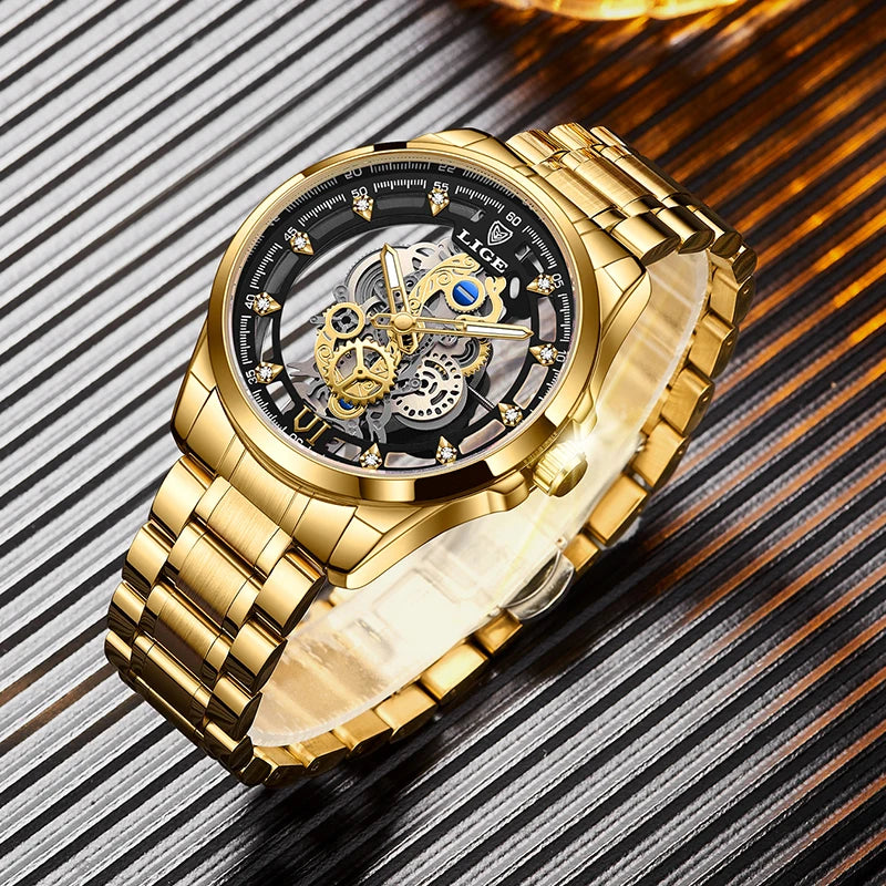 Original LIGE Men Watch Gold Stainless Steel Hollow Skeleton Quartz Watches for Men Fashion Military Waterproof Men Wristwatch