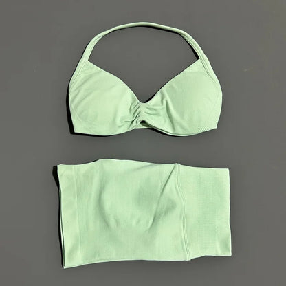 2 Pieces Yoga Gym Set Women Seamless Strappy Yoga Bra High Waist Workout Scrunch Shorts Sports Set Fitness Clothes Sportswear