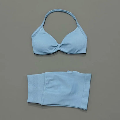 2 Pieces Yoga Gym Set Women Seamless Strappy Yoga Bra High Waist Workout Scrunch Shorts Sports Set Fitness Clothes Sportswear