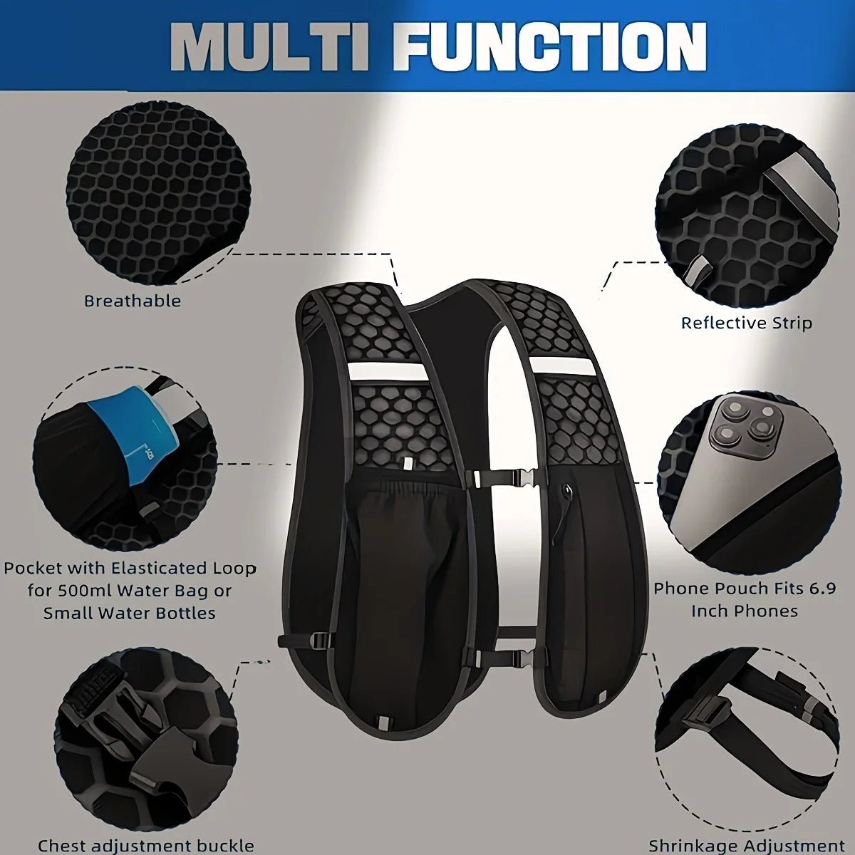Biking Running Storage Vest Backpack Lightweight Running Vest Reflective Hydration Water Chest Pack Phone Storage Pocket
