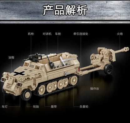 World War 2 WW2 Army Military Soldiers SWAT Half Tracked Armor Vehicle Trailer Assemble Building Blocks Bricks Children's Toys