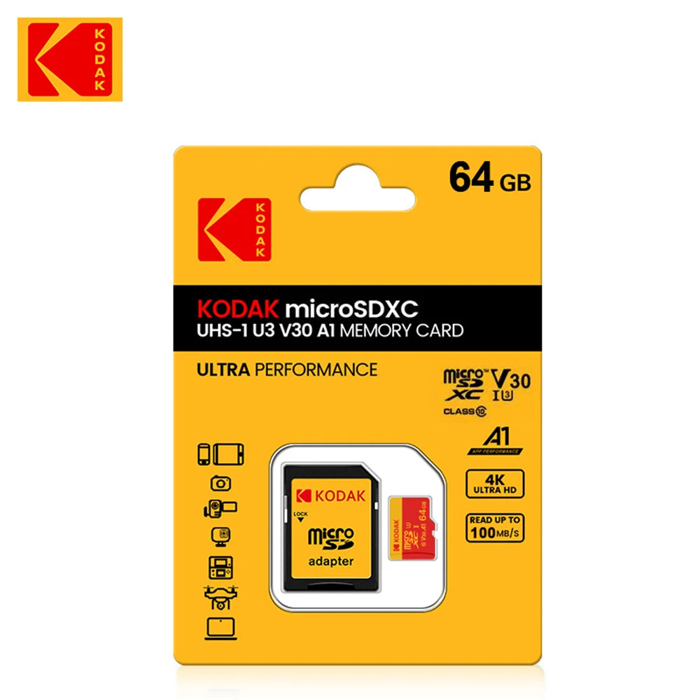 KODAK Micro SD Card U3 V30 128GB 256GB 64GB 4K High Speed TF Card for Phone Camera Drone