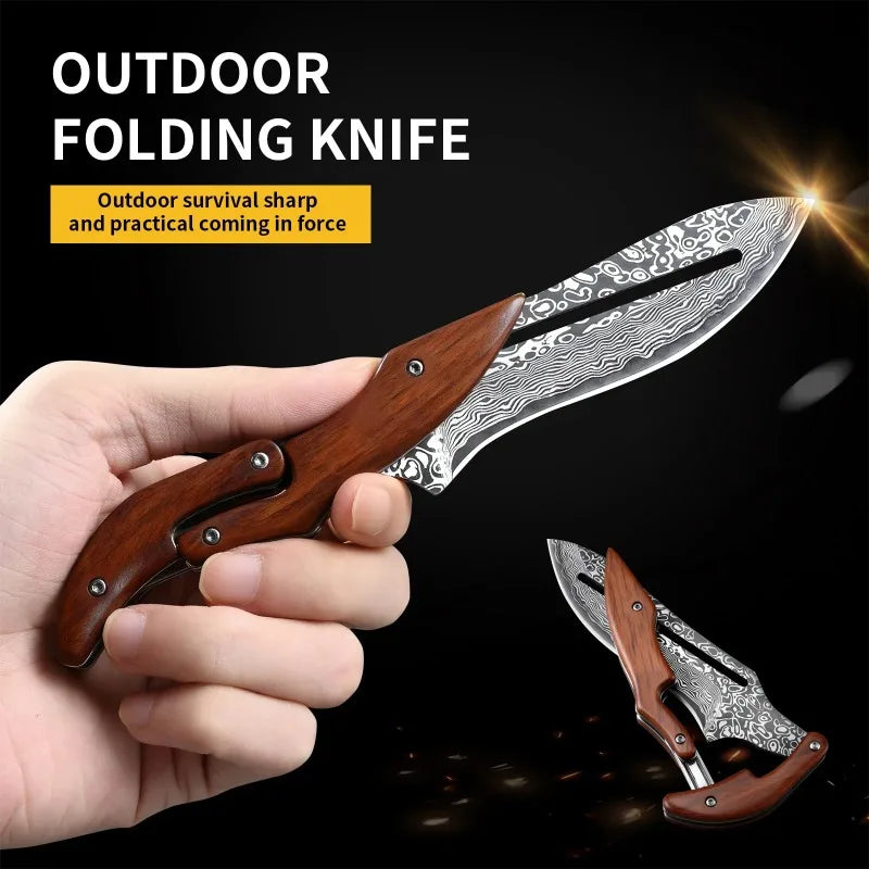 1PC Outdoor folding knife,Mechanical design, fixed blade; Wooden handle,EDC pocket knife,Fishing knife,Camping,Mountaine