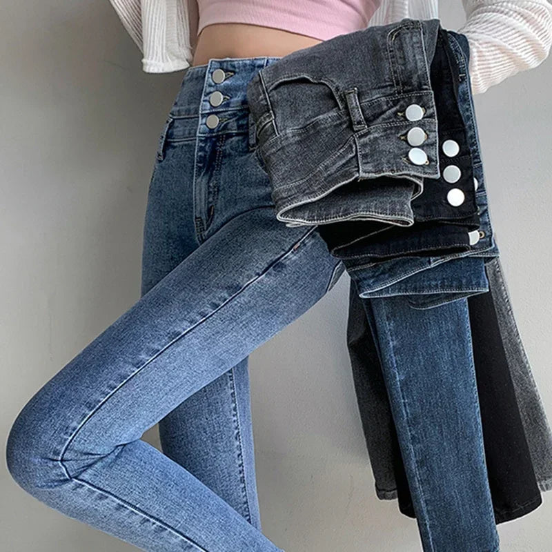 High-Waist Multi-Button Stretch Jeans