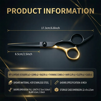 Home Salon Hair Styling Cutting Shears Set Stainless Steel Barber Thinning Scissors Kit with Razor Comb Hairpin Carry Bag 1001