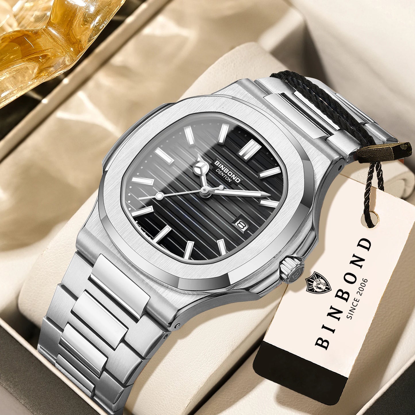 BINBOND sturdy stainless steel strap quartz wristwatches for men luxury luminous waterproof auto date accurate men's watch reloj