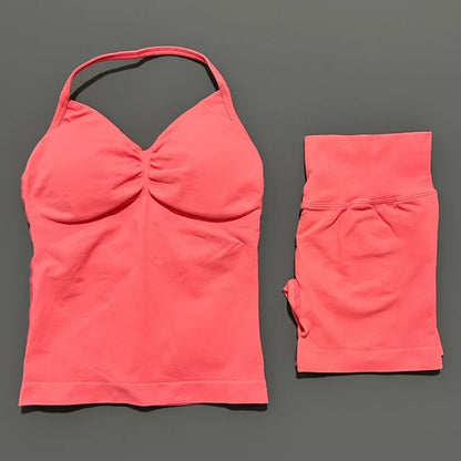 Yoga 2 Pieces Gym Set Women Backless Halter Tops High Waist Seamless Shorts Gym Suit Fitness Sports Bras Sportswear Workout Sets