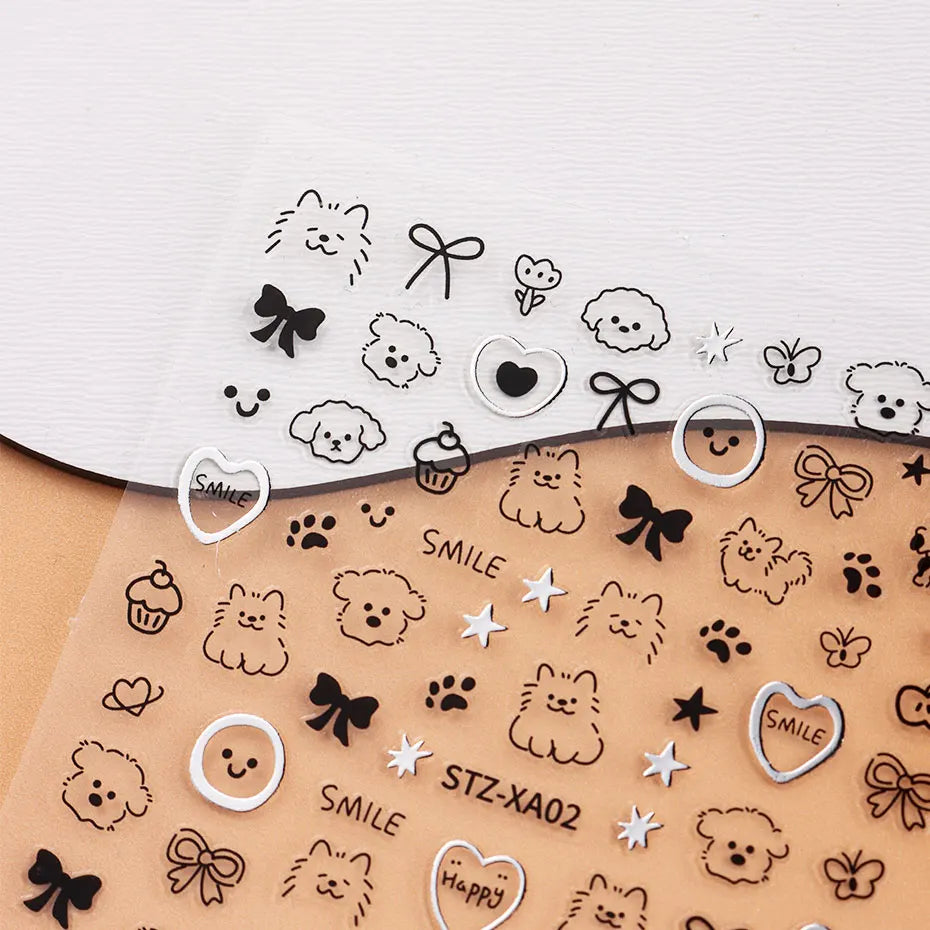 2pcs 3D Cute Silver Smile Dog Decals Y2K Cartoon Cat Footprint Nail Stickers Graffiti Star Heart Bowknot Manicure Slider Decor