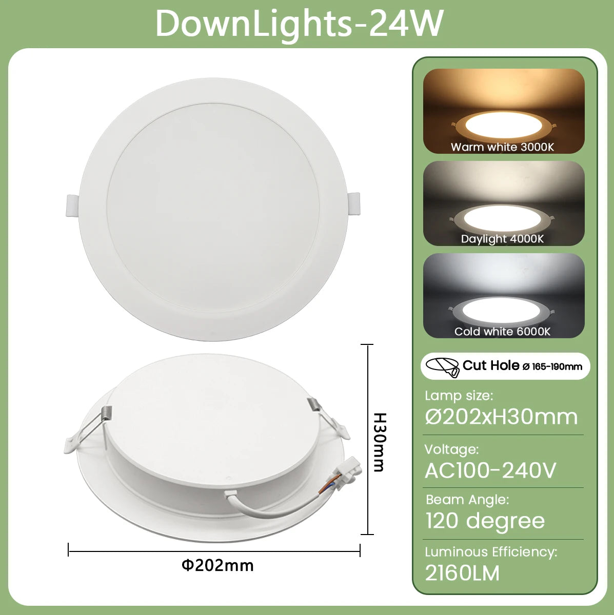 1-10pcs/lot Recessed Led Downlight Round Leds Panel Light 120V 220V 3000K-6000K 10W 20W 24W Spot for Foyer Indoor Lighting