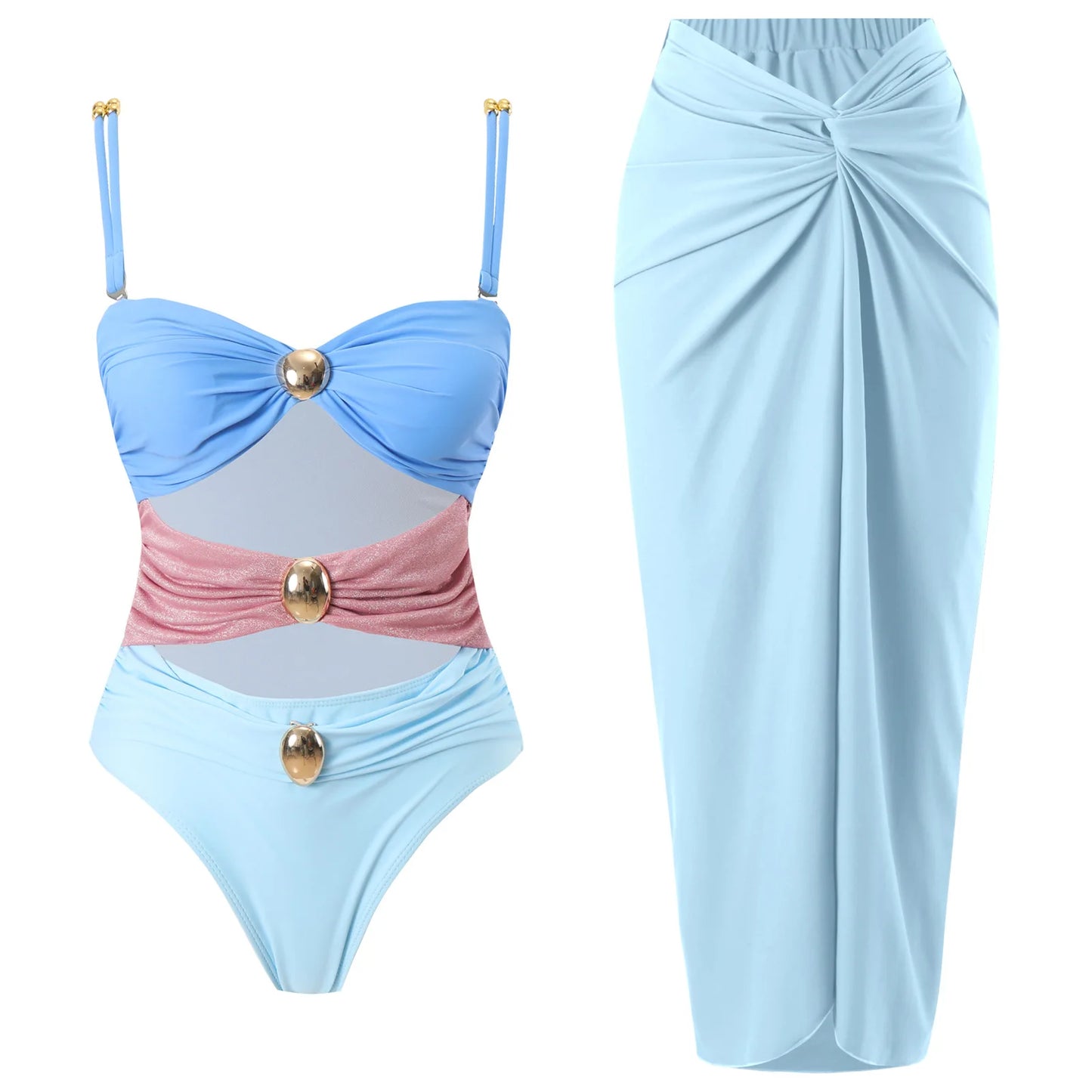 Blue One-Shoulder Ruffled Print Floral Swimsuit Set Cover Up Single Piece Micro Monokini Sexy Swimwear For Girls Summer Beach