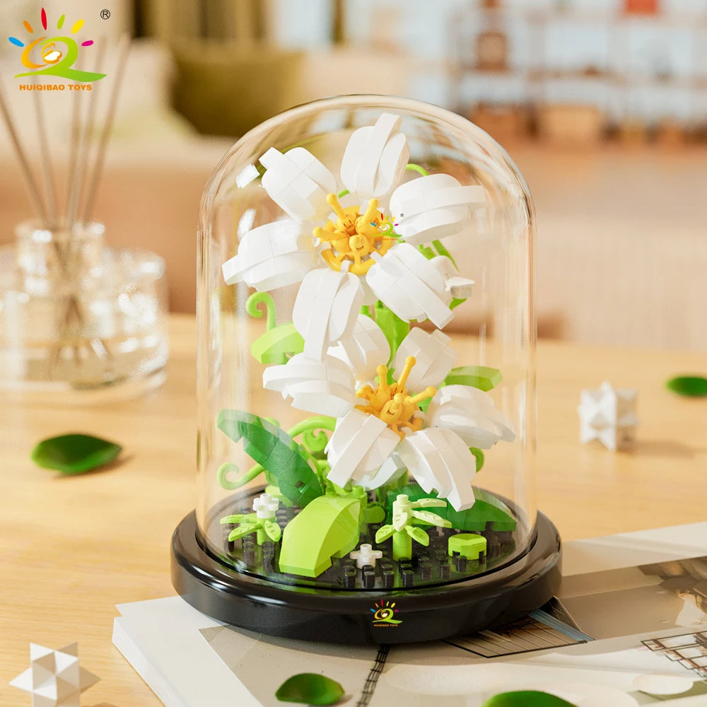 HUIQIBAO MOC Eternal Bouquet Display Box Micro Building Blocks Flower Model DIY Home Desk Plant Decoration Brick Toy For Childre