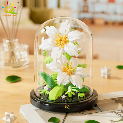 HUIQIBAO MOC Eternal Bouquet Display Box Micro Building Blocks Flower Model DIY Home Desk Plant Decoration Brick Toy For Childre