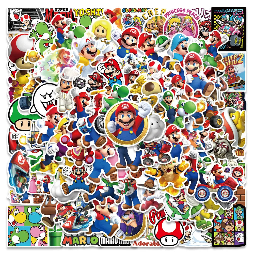 100pcs Super Mario Bros Stickers Luigi Yoshi Scrapbook Guitar Laptop Skateboard Waterproof Sticker Game Stickers Kids Gift Toy