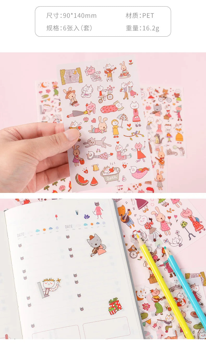 6Pieces/Set Transparent Pvc Waterproof Cartoon Sticker DIY Hand Account Decorative Stickers Kawaii Phone Cup Stickers