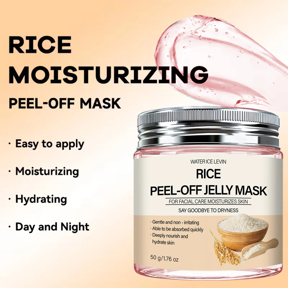 Rice Peel-Off Jelly Mask Deep Hydration Nourishment. Gentle Quick Absorb. Say Goodbye Dryness. Watericelevin 50g.